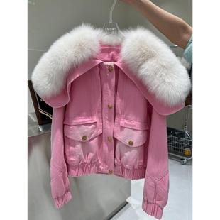 新款 天使之翼牛仔鹅绒羽绒服女短款冬狐狸毛大毛领外套潮皮草