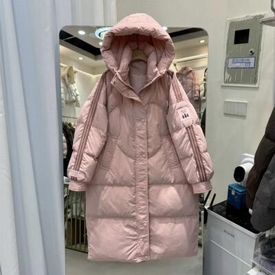 新款2025秋冬羽绒服女中长款连帽过膝运动条纹三树加厚白鸭绒外套