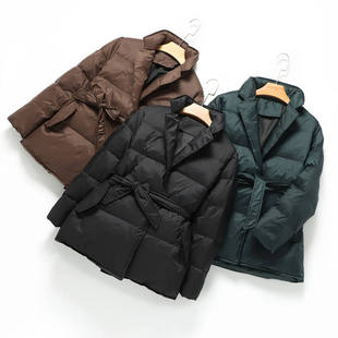 秋冬韩版中长款羽绒服女立领腰带修身显瘦白鸭绒简约外套长袖