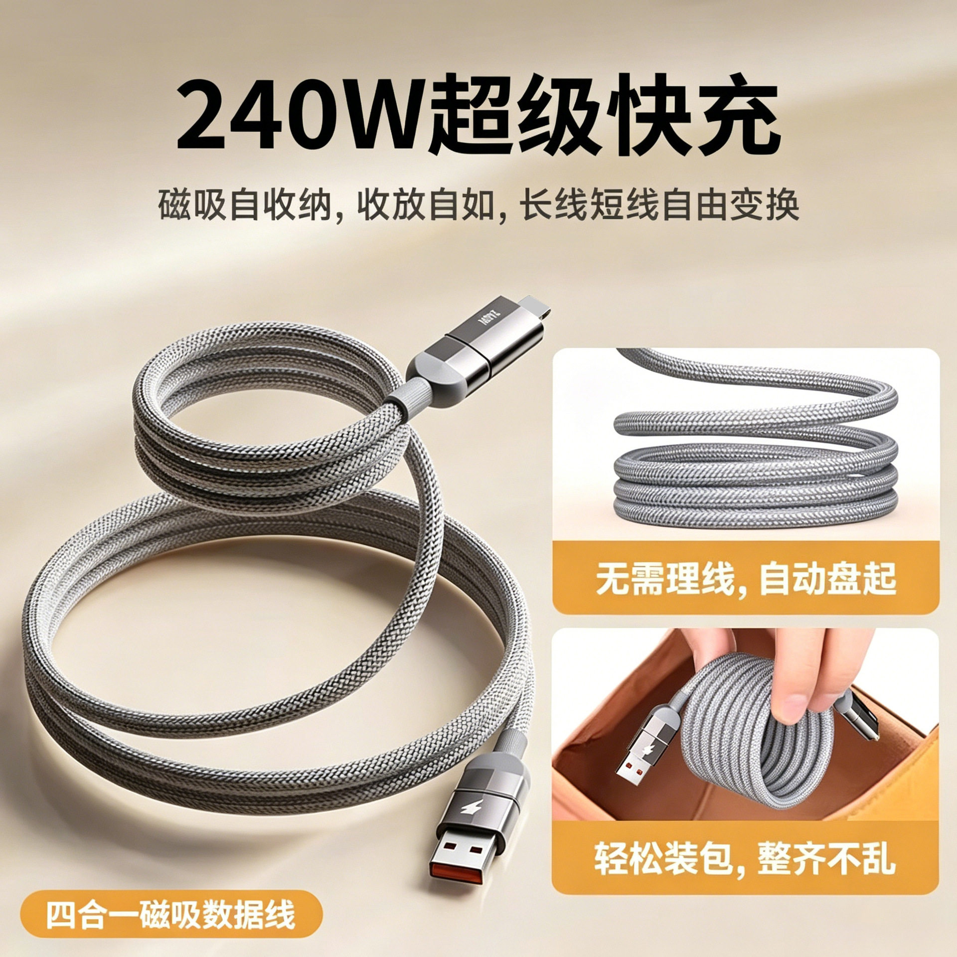 磁吸四合一240W快充数据线编织多口多用多接头适用于苹果vivo华为oppo通用平板电脑笔记本iPad4合1充电线闪充