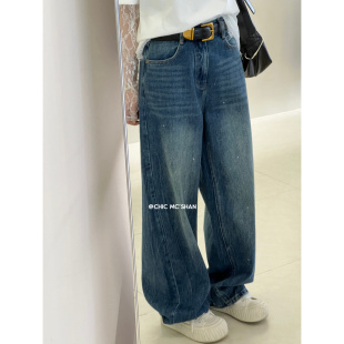 26010 欧洲站2026春夏百搭水洗柔软阔腿弯刀裤 点点泼墨牛仔裤