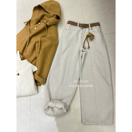 【雪地靴挂件牛仔裤】欧洲站冬季厚绒阔腿米白色长裤13356