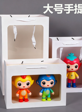 开窗礼品袋时尚花花礼盒袋白色手提袋透明袋超大号现货玩偶手提袋