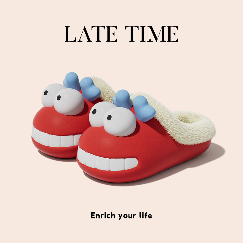 可爱卡通小龙仔大眼睛棉拖鞋女秋冬季室内居家用保暖防水毛毛拖鞋