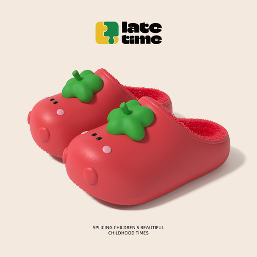 latetime可爱番茄儿童棉拖鞋冬季