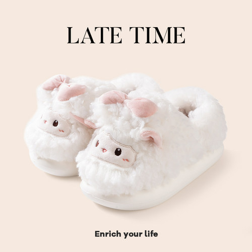 可爱蝴蝶结小羊棉拖鞋女包跟冬季