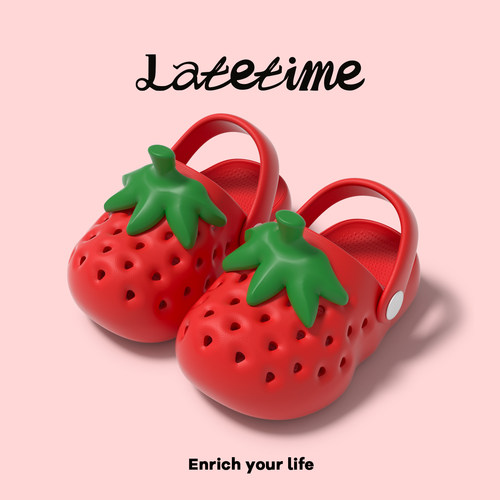 latetime可爱草莓洞洞鞋儿童拖鞋