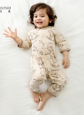 妙贝亲婴儿连体衣七分袖长裤纯棉薄款网背空调服春夏宝宝哈衣