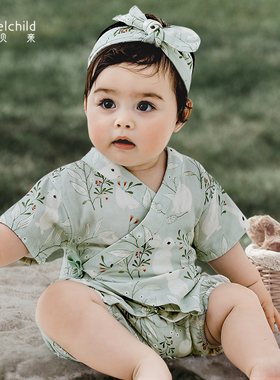 妙贝亲薄款天竹棉纱布婴儿连体衣夏短袖宝宝哈衣可爱外出新生衣服