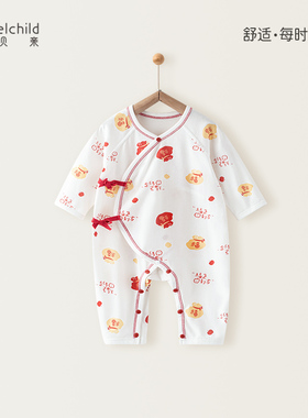 妙贝亲新生婴儿衣服夏季薄款纯棉长袖婴幼连体衣红色满月宝宝衣服