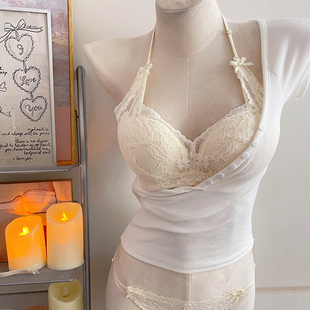 纯欲蝴蝶结挂脖内搭叠穿蕾丝少女内衣小胸聚拢加厚显大无钢圈文胸