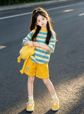 女童夏季套装2026款儿童衣服洋气多巴胺女大童夏装短袖短裤两件套