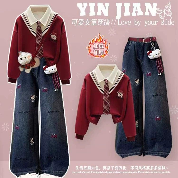 女童冬款拜年服套装2026新款初中生休闲卫衣加绒牛仔裤套装两件套