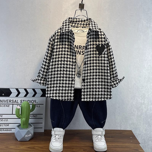 男童衬衫春秋儿童千鸟格外套宝宝春装衬衣时髦洋气酷帅上衣童装潮