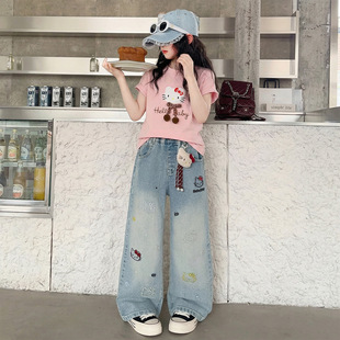 女童夏季卡通印花短袖套装2026新款儿童洋气T恤薄款牛仔裤两件套