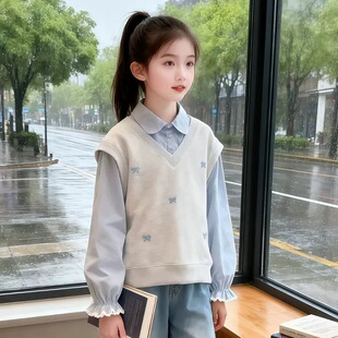 女童假两件卫衣春秋款2026新款儿童衬衫领上衣春装女孩洋气polo衫
