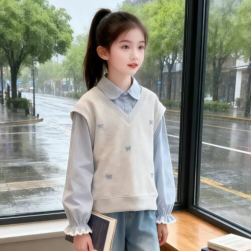 女童假两件卫衣春秋款2026新款儿童衬衫领上衣春装女孩洋气polo衫