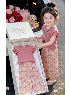 女童夏季爆款套装2026新款洋气儿童小飞袖T恤夏装女孩时尚两件套