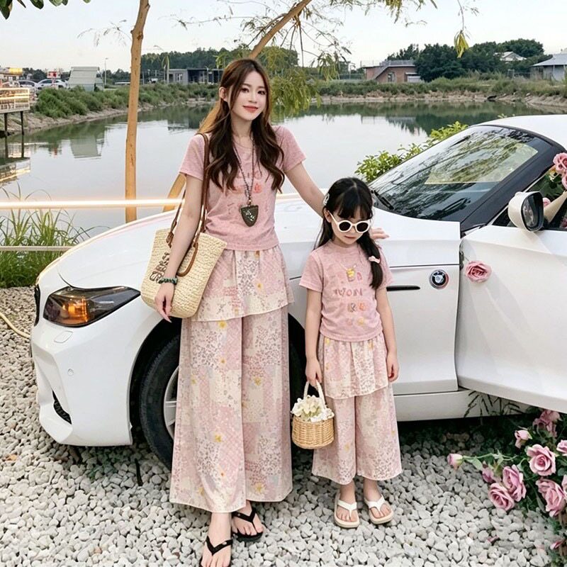 【母女装有口袋】2026女童套装儿童洋气短袖韩系女孩屁帘裤两件套