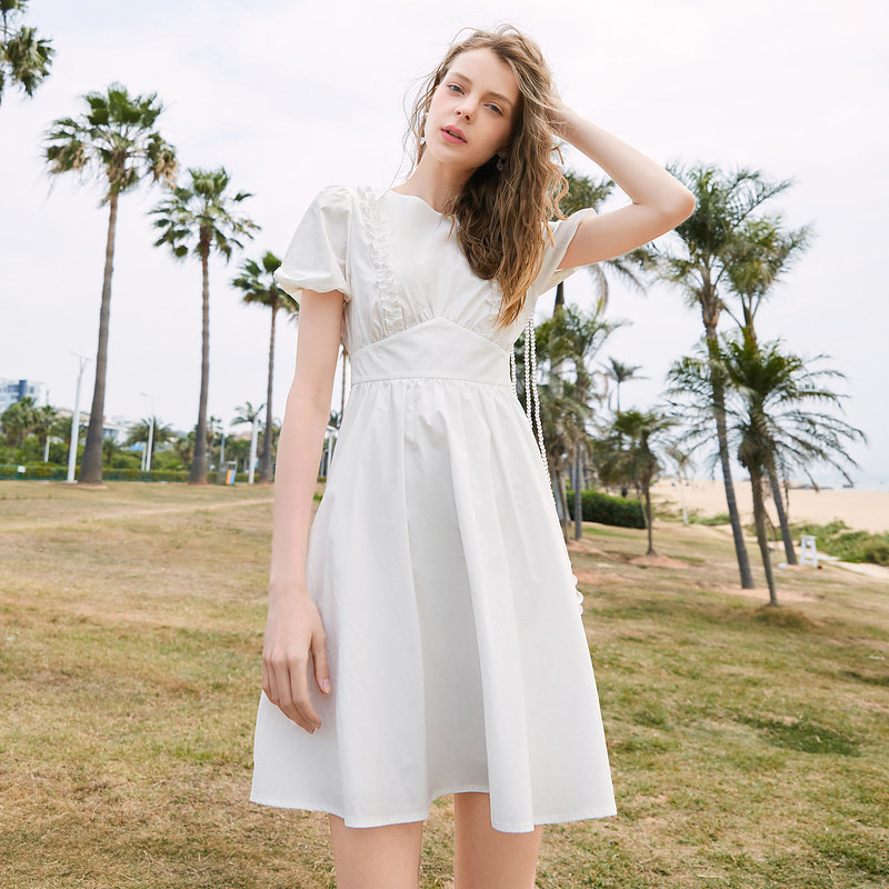 蓝色倾情夏女装新款浅蓝木耳边设计收腰短袖连衣裙ls516207