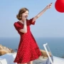Màu xanh tình yêu mùa hè 2019 của phụ nữ mới cổ chữ V màu đỏ tình yêu in eo giảm béo LS596107 - Váy eo cao 	váy trắng rút eo	