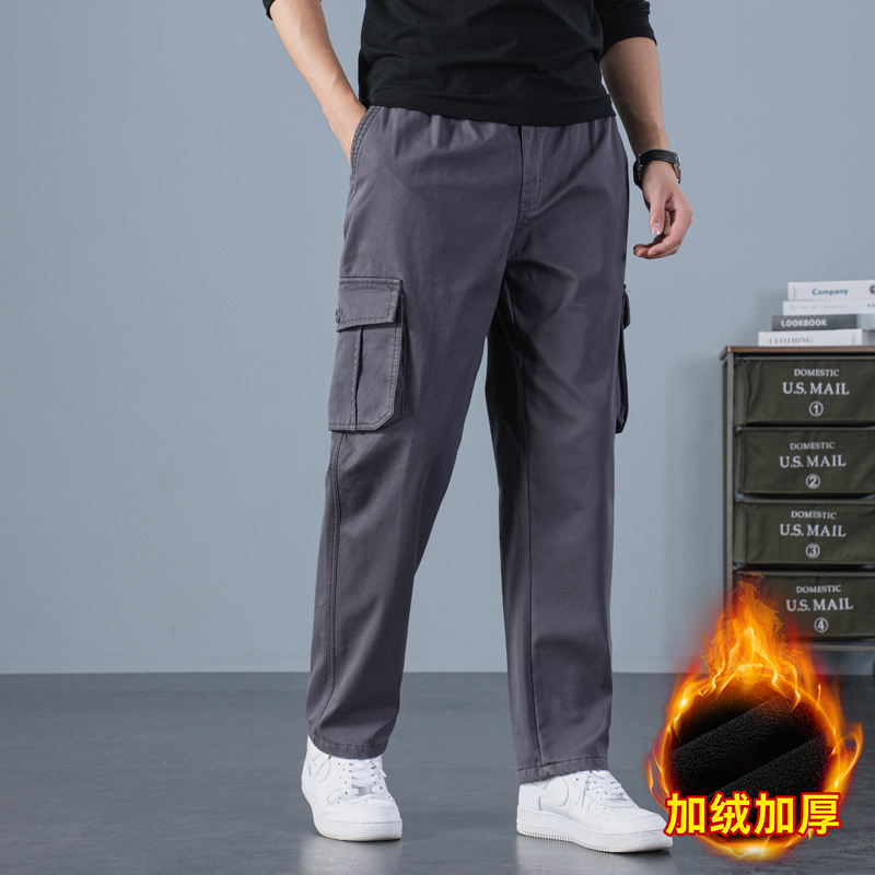 冬季男士休闲工装裤加绒加厚户外直筒宽松休闲嘻哈加肥大码肥佬裤