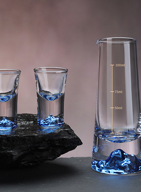 家用蓝色冰山白酒杯一口杯描金分酒器套装玻璃子弹小酒盅中式酒具