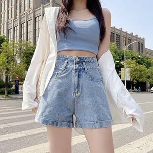 百搭双扣卷边阔腿高腰牛仔三分裤 女2025夏新款 宽松a字直筒牛仔裤