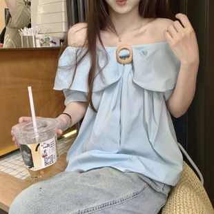荷叶边一字肩小众短袖 韩系蓝色甜美风气质休闲露肩上衣 衬衫 女夏季