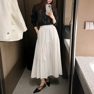 高腰大摆伞裙松紧腰显瘦a字百褶裙子 白色褶皱半身裙女2025夏新款