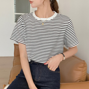宽松显瘦百搭圆领上衣 优质纯棉条纹T恤打底衫 女短袖 2025夏季 新款