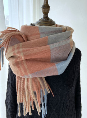 秋冬季棉麻围巾围巾女2025新款冬季格子仿羊绒流苏披肩韩版学生