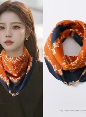秋冬季棉麻围巾方巾丝巾女新款磁吸扣护颈小围巾女秋冬季棉麻