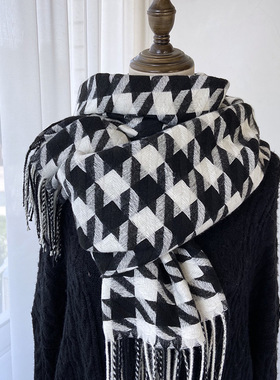 秋冬季棉麻围巾大千鸟格围巾女日韩甜美中长保暖时尚仿羊绒流苏