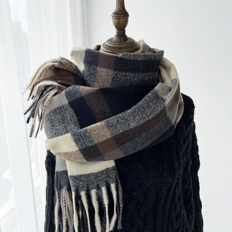 秋冬季棉麻围巾格子围巾女秋冬新款韩版高级感长款学生情侣披肩