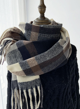 秋冬季棉麻围巾格子围巾女秋冬新款韩版高级感长款学生情侣披肩