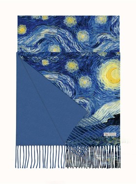 秋冬季棉麻围巾秋冬季新款仿羊绒围巾梵高油画双面印花围脖冬季