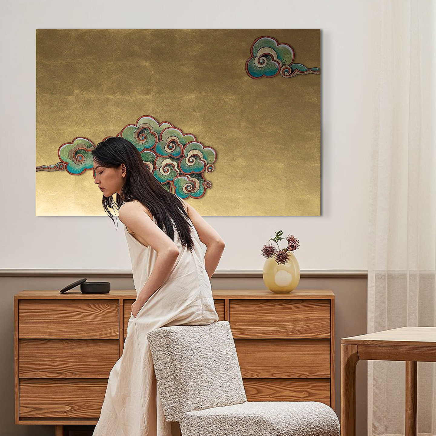 《祥云如意》纯手绘金箔装饰画 国风中古风现在油画茶室装饰挂画,家居饰品,现代装饰画,淘宝优惠券,粉丝福利购,淘宝优惠卷