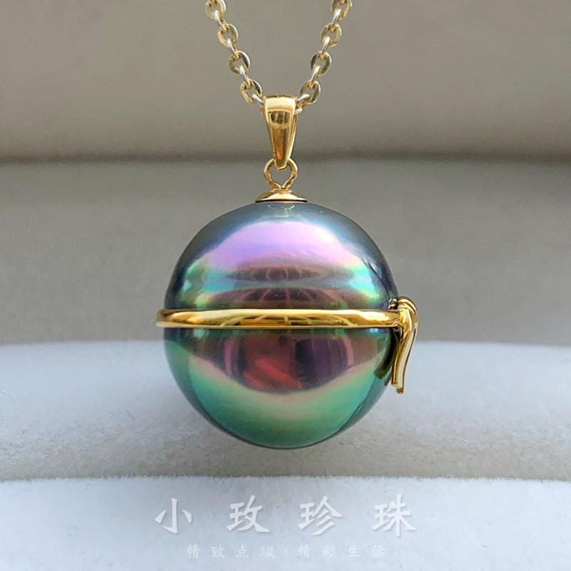 色标级孔雀绿色大溪地海水黑珍珠吊坠设计师18K金雪人创意项链坠