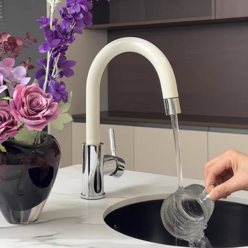 岛台水龙头全铜冷热卫生间浴室柜阳台厨房水槽抽拉龙头日式奶油白,家装主材,面盆龙头,淘宝优惠券,粉丝福利购,淘宝优惠卷