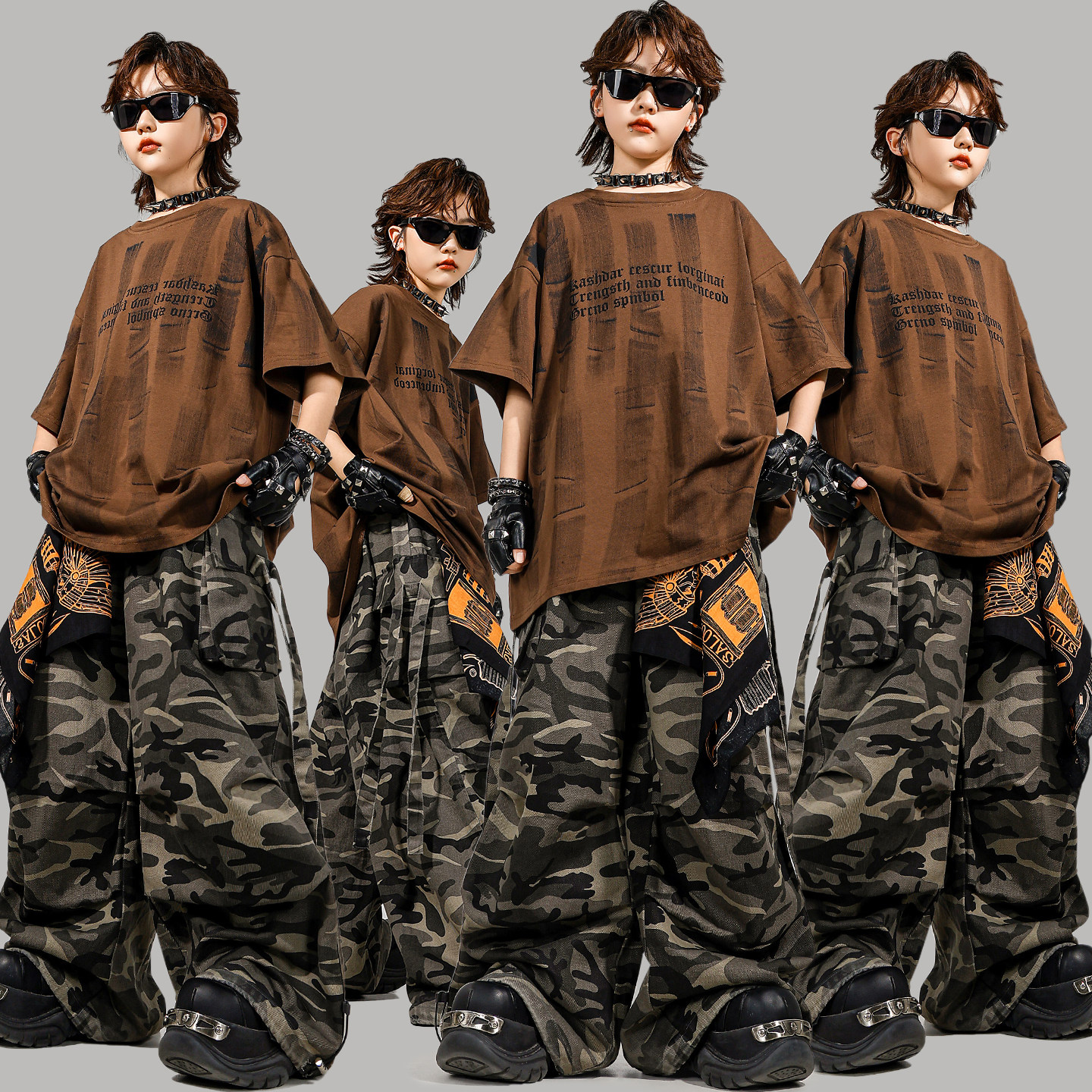 幼儿hiphop街舞服装潮酷男童迷彩裤套装嘻哈炸街女童舞蹈演出服夏