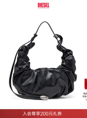 [礼物]DIESEL女士25秋冬黑色大号GRAB D单肩包可颂包X10478P8657