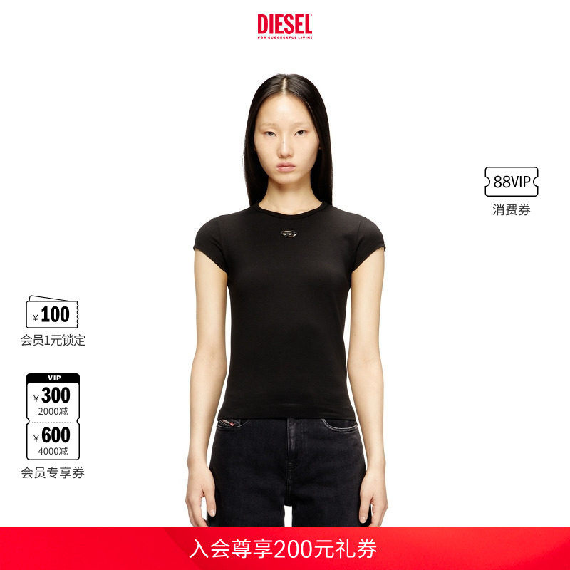 [经典]DIESEL女士OVAL D镂空黑色白色短袖T恤A199120AFAA