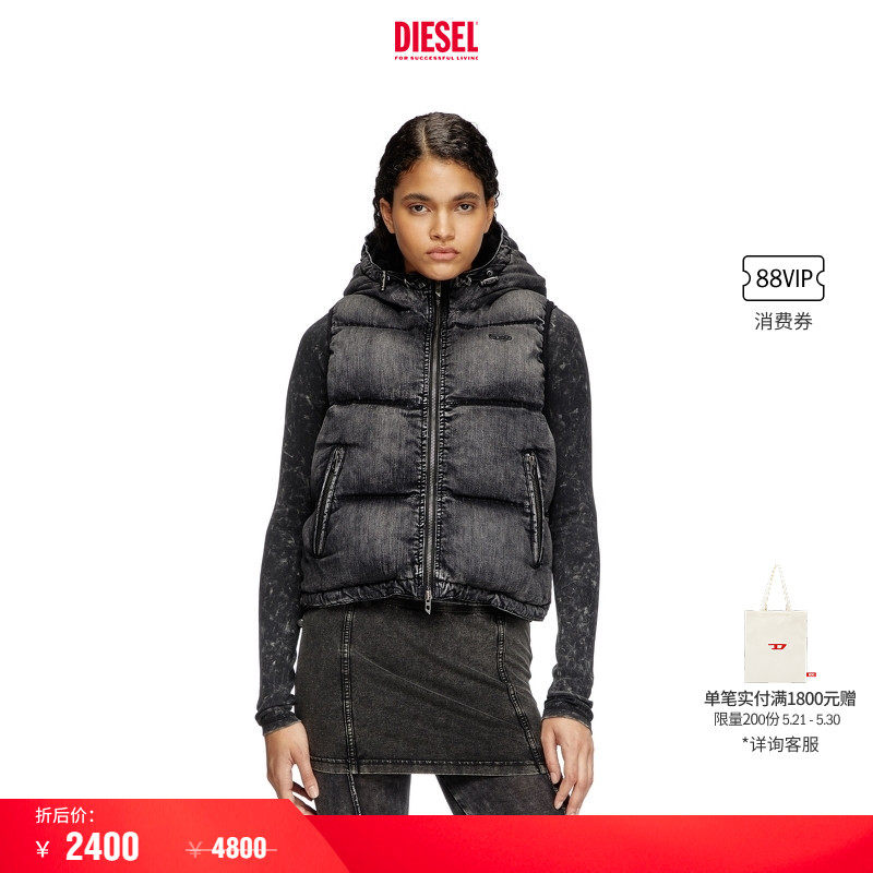 [折扣]DIESEL女士黑色连帽马甲背心棉服A160580ABCB
