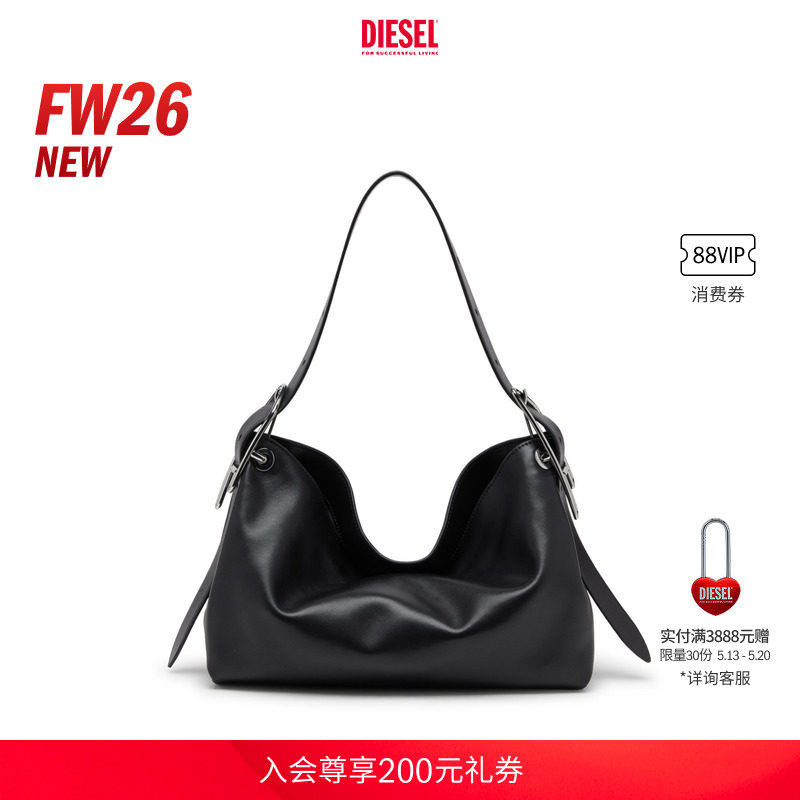 [新款]DIESEL女士26早秋黑色中号D-LINE SHOULDER包X10729P9074