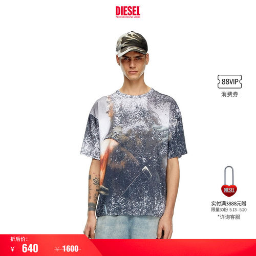 [折扣]DIESEL男女同款中性黑白斑点圆领短袖T恤A150630LIBM
