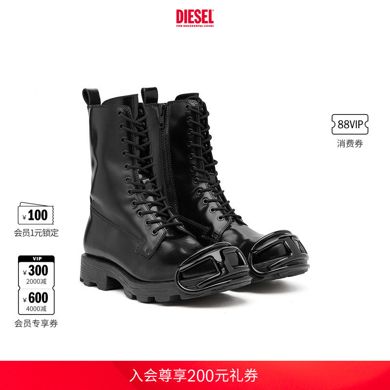 DIESEL男士D HAMMER系带中筒皮革圆头切尔西靴Y03228P4471