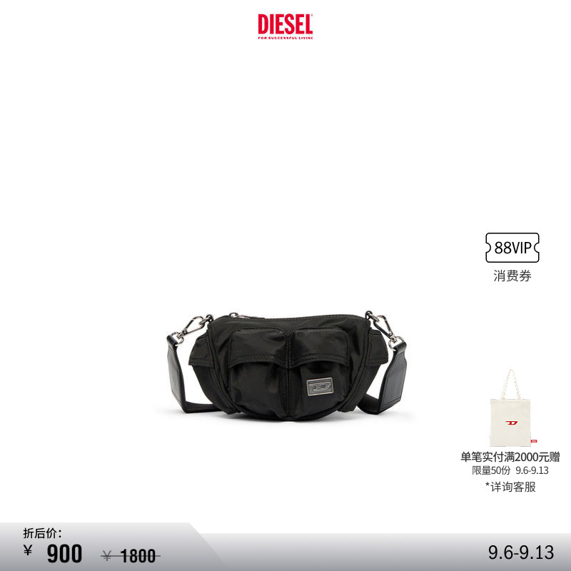 [折扣]DIESEL男女同款黑色多口袋斜挎包X10571P8166图片