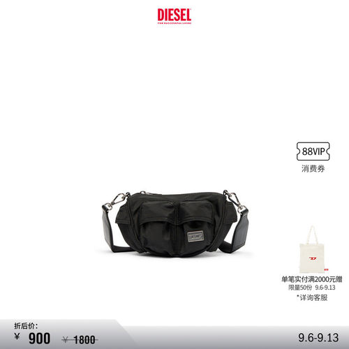 [折扣]DIESEL男女同款黑色多口袋斜挎包X10571P8166