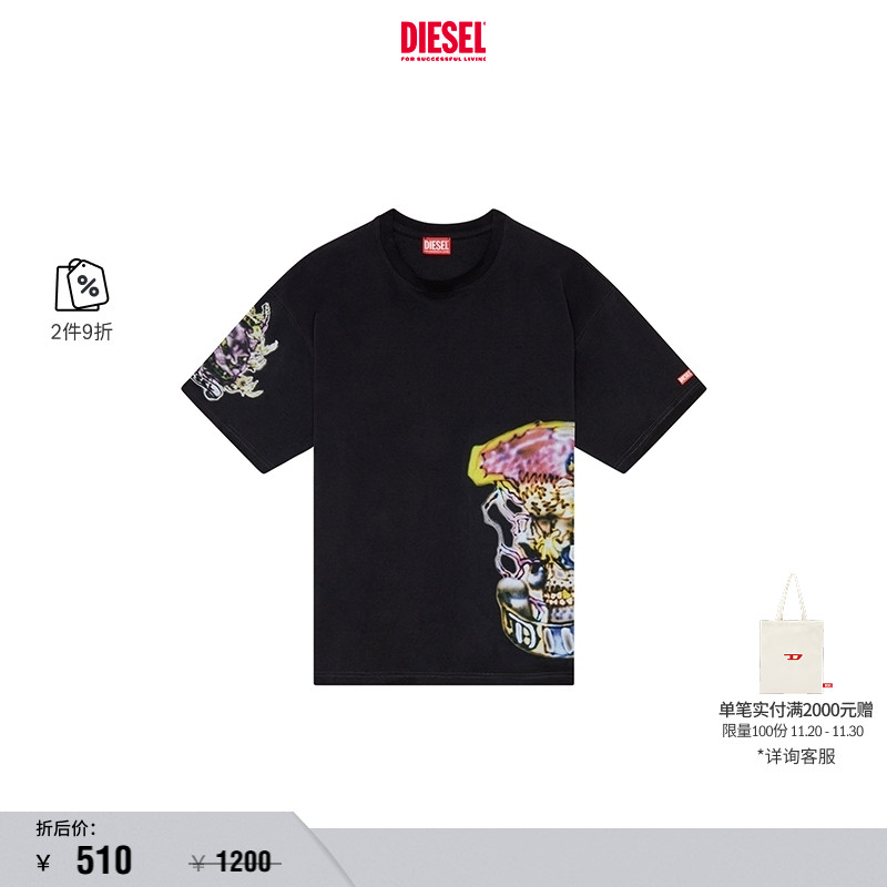 [折扣]DIESEL男女同款中性彩色印花黑色短袖T恤A150100AKAK
